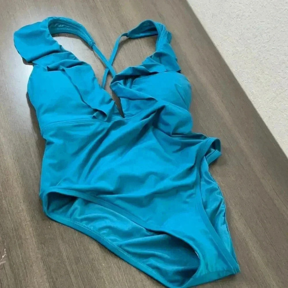 SHADE & SHORE - WOMEN'S ONE-PIECE TEAL CHEEKY SWIMSUIT RUFFLES STRAPS L (12-14) - Picture 5 of 14